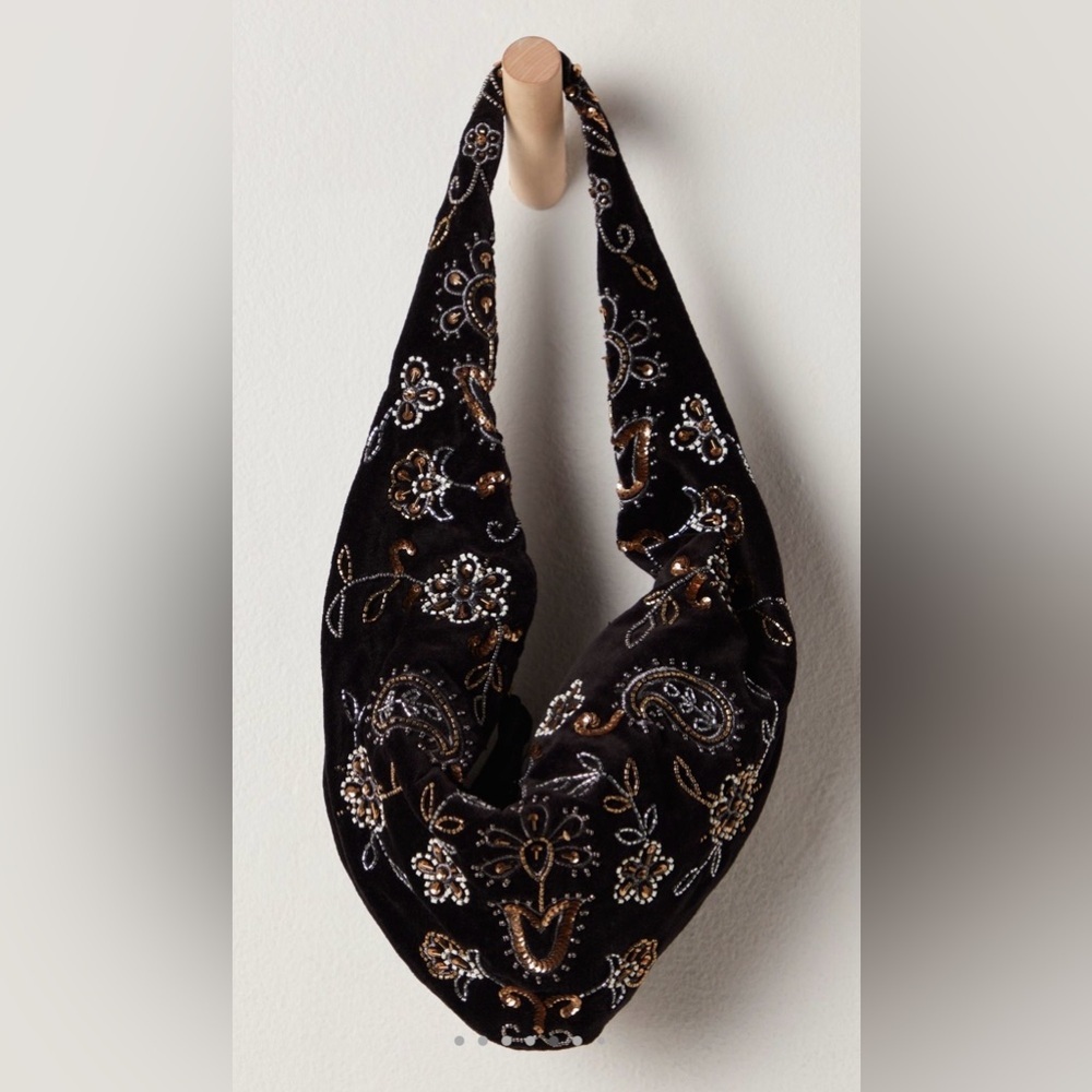 NWT Free People Nashville Nights Beaded Hobo Shoulder Bag in Black New $98